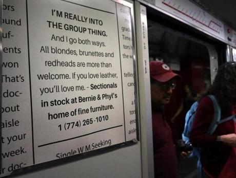 Bernie & Phyl?s advertisement on a subway car on Monday.
