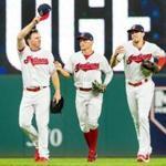 CLEVELAND, OH - AUGUST 24: Outfielders Jay Bruce #32, Brandon Guyer #6 and Bradley Zimmer #4 of the Cleveland Indians celebrate after the Indians defeated the Boston Red Sox at Progressive Field on August 24, 2017 in Cleveland, Ohio. The Indians defeated the Red Sox 13-6. (Photo by Jason Miller/Getty Images)