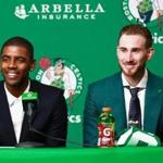 BOSTON, MA - SEPTEMBER 01: Kyrie Irving #11 and Gordon Hayward #20 of the Boston Celtics look on during their introduction as the newest members of Boston Celtics at TD Garden on September 1, 2017 in Boston, Massachusetts. (Photo by Omar Rawlings/Getty Images)