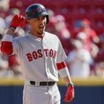 Boston Red Sox's Mookie Betts reacts after hitting the game-tying three-run double off Cincinnati Reds relief pitcher Raisel Iglesias in the eighth inning of a baseball game, Sunday, Sept. 24, 2017, in Cincinnati. The Red Sox won 5-4. (AP Photo/John Minchillo)