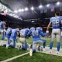 DETROIT, MI - SEPTEMBER 24: Members of the Detroit Lions take a knee during the playing of the national anthem prior to the start of the game against the Atlanta Falcons at Ford Field on September 24, 2017 in Detroit, Michigan. (Photo by Rey Del Rio/Getty Images)