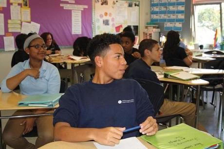 Facing page: Students in a 10th-grade humanities class at the Muniz Academy. 
