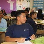 Facing page: Students in a 10th-grade humanities class at the Muniz Academy. 