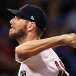 Boston, MA: September 26, 2017: Red Sox starting pitcher Chris Sale is pictured a he fires a second inning pitch.The Boston Red Sox hosted the Toronto Blue Jays in an MLB regular season baseball game at Fenway Park. (Jim Davis/Globe Staff).