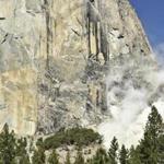 A cloud of dust is seen on El Capitan after a major rock fall in Yosemite National Park. 