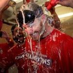 Boston, MA - 9/30/2017 - (9th inning) Boston Red Sox pitcher Chris Sale is christened with champagne and beer during the post game celebration in the locker room. The Boston Red Sox host the Houston Astros at Fenway Park. - (Barry Chin/Globe Staff), Section: Sports, Reporter: Peter Abraham, Topic: 01Red Sox-Astros, LOID: 8.3.3843085008.