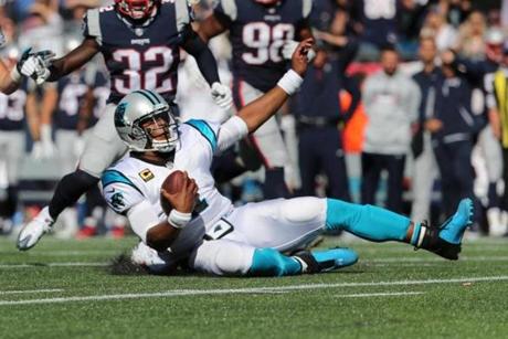 Foxborough, MA 10/01/17 Panthers quarterback Cam Newton made a first down in the third quarter. The England Patriots host the Carolina Panthers Sunday, Oct. 1, 2017 at Gillette Stadium. (Matthew J. Lee/Globe Staff)
