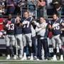 Foxborough, MA 10/01/17 Members of the Patriots including Danny Amendola (left) and Rob Gronkowski (center) during the National Anthem. The England Patriots host the Carolina Panthers Sunday, Oct. 1, 2017 at Gillette Stadium. (Matthew J. Lee/Globe Staff)