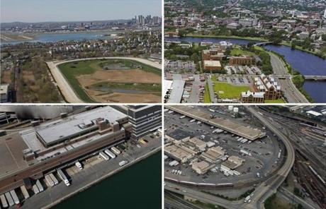 (Top left, clockwise) Suffolk Downs, Beacon Yards, US Postal Annex, aerial Frontage Road area, and Fort Point Channel, and South Station railroad tracks.
