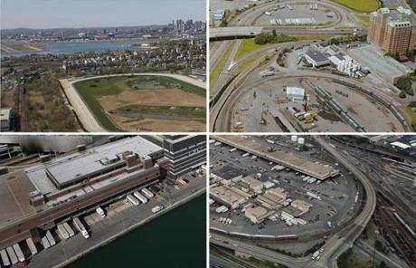 (Top left, clockwise) Suffolk Downs, Beacon Yards, the US Postal Annex and Fort Point Channel, and the Frontage Road area and South Station railroad tracks. 
