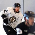 Boston-10/03/17- The Bruins held a practice and media day at Warrior Arena as they prepare for their season debut Thursday. Brad Marchand passes the puck. John Tlumacki/Globe staff (sports)