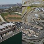 (Top left, clockwise) Suffolk Downs, Beacon Yards, the US Postal Annex and Fort Point Channel, and the Frontage Road area and South Station railroad tracks. 