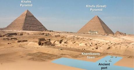 Archaeologist Mark Lehner says he?s found evidence of a port next to the pyramids, which would solve one of the mysteries of how heavy stone blocks were transported. The photomontage shows current landmarks and the footprint of ancient settlements. 
