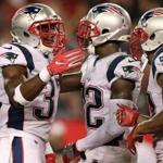 Tampa, FL: October 5, 2017: Patriots DB's Jordan Richards, Devin Mccourty and Patrick Chung celebrate after the final play of the game as the Buccaneers threw an incomplete pass in the end zone. The New England Patriots visited the Tampa Bay Buccaneers in a regular season Thursday Night NFL football game at Raymond James Stadium. (Jim Davis/Globe Staff). 