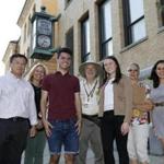 Lowell, MA: 9/24/17 Supporters of the downtown Lowell High School renovation project from left: candidate for School Committee Dominik Lay, Maria Sheehy, LHS senior Matthew O'Neill, Gary Potwin, LHS senior Lyndsey McMahon, Ruth Potwin, and Lianna Kushi pose for a photo in front of the clock tower at Lowell High School. Mary Schwalm for The Boston Globe (08nolowell)