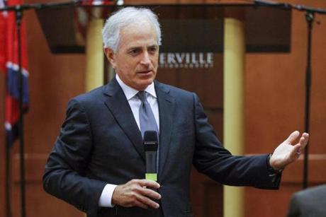 FILE - In this Aug. 16, 2017, file photo, Sen. Bob Corker, R-Tenn., speaks to the Sevier County Chamber of Commerce in Sevierville, Tenn. Always one to speak his mind, Corker?s new free agent status should make President Donald Trump and the GOP very nervous. The two-term Tennessee Republican isn?t seeking re-election. And that gives him even more elbow room to say what he wants and vote how he pleases over the next 15 months as Trump and the party?s top leaders on Capitol Hill struggle to get their agenda on track (AP Photo/Erik Schelzig, File)
