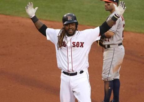 BOSTON, MA 10/08/2017 Red Sox Hanley Ramirez reacted after hitting two-run double in the seventh inning. The Boston Red Sox host the Houston Astros in Game Three of the ALDS at Fenway Park in Boston on Oct. 8, 2017. (Stan Grossfeld/Globe Staff) 
