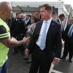 Boston Mayor Martin J. Walsh spoke with Stephen Skeirik last month at a grounbreaking ceremony for the Pipefiters Local Union 537 new training facility.