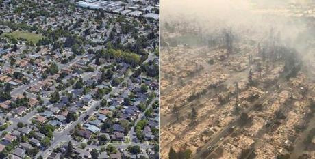 The Coffey Park subdivision in Santa Rosa, Calif., is seen before, left, and after wildfires swept through the area on Monday, Oct. 9, 2017. Officials have called it one of the most destructive fire emergencies in the state's history. (Before: Google Earth; after, California Highway Patrol via The New York Times) -- NO SALES; FOR EDITORIAL USE ONLY WITH CALIF-WILDFIRES BY THOMAS FULLER and JONAH ENGEL BROMWICH. ALL OTHER USE PROHIBITED. --
