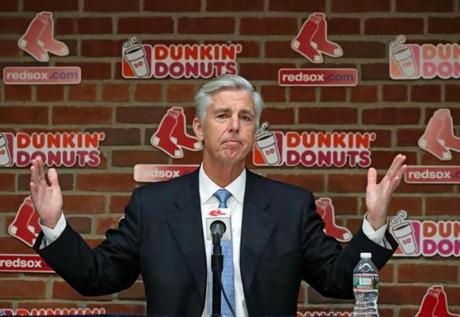 BOSTON, MA - 10/11/2017:President of Baseball Operations Dave Dombrowski checking the time after press conference. Boston Red Sox held a media availability at Fenway Park with President of Baseball Operations Dave Dombrowski on the firing of manager John Farrell. (David L Ryan/Globe Staff ) SECTION: SPORTS TOPIC Red Sox
