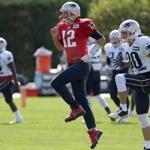 10/11/2017 Foxboro MA New England Pariots QB Tom Brady (cq) during running and stretching drills at a afternoon pratice session. Jonathan Wiggs\Globe Staff Reporter:Topic.