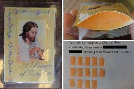 Photos shared by the Department of Corrections show a prayer card that had been repurposed to smuggle drugs into the MCI-Concord facility. 
