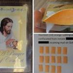 Photos shared by the Department of Corrections show a prayer card that had been repurposed to smuggle drugs into the MCI-Concord facility. 