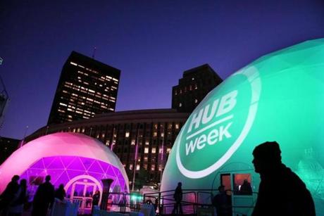 Boston, MA- October 12, 2017: The Green Dome, right, and the HUB Lounge at HUBweek on City Hall Plaza in Boston, MA on October 12, 2017. Some of the biggest names in technology, business, science, and the arts gather in Boston this week as the HUBweek festival returns for its third year, its organizers hoping to solidify the event?s foundation as a civic staple. The wide-ranging festival features some 175 events over six days, with high-profile speakers, a documentary film series, and town hall-style discussions on issues affecting Boston and beyond. (CRAIG F. WALKER/GLOBE STAFF) section: metro reporter: 
