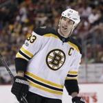 Boston Bruins' Zdeno Chara smiles as he skate on the ice during the second period of an NHL hockey game against the Arizona Coyotes, Saturday, Oct. 14, 2017, in Glendale, Ariz. The Bruins defeated the Coyotes 6-2. (AP Photo/Ralph Freso)