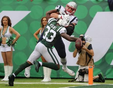 East Ruthford NJ 10/15/17 New England Patriots Rob Gronkowski picking up a pass interference call on New York Jets Jamal Adams during second quater action at MetLife Stadium. (Matthew J. Lee/Globe staff) Topic: Reporter: 
