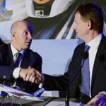 Bombardier?s Alain Bellemare (left) and Airbus?s Romain Trapp shook hands during Monday?s news conference.