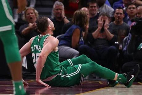 CLEVELAND, OH - OCTOBER 17: Gordon Hayward #20 of the Boston Celtics is sits on the floor after being injured while playing the Cleveland Cavaliers at Quicken Loans Arena on October 17, 2017 in Cleveland, Ohio. NOTE TO USER: User expressly acknowledges and agrees that, by downloading and or using this photograph, User is consenting to the terms and conditions of the Getty Images License Agreement. (Photo by Gregory Shamus/Getty Images)
