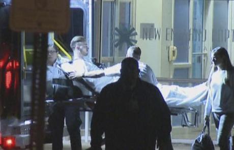 Gordon Hayward is wheeled on a stretcher into the New England Baptist Hospital early Wednesday morning. 
