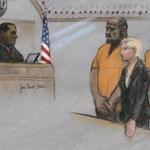 David Wright (second from left) is shown in a courtroom sketch from a June, 2015 appearance in federal court.