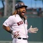 Boston-8/03/17-Red Sox vs White Sox- Red Sox Hanley Ramirez screams to the fans after crossing 1st base as he beat out a throw in the 2nd inning and was called safe on the hit. John Tlumacki/Globe Staff(sports)
