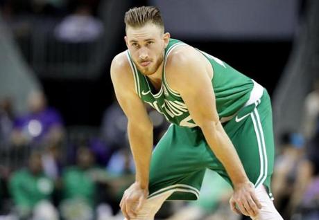 CHARLOTTE, NC - OCTOBER 11: Gordon Hayward #20 of the Boston Celtics watches on against the Charlotte Hornets during their game at Spectrum Center on October 11, 2017 in Charlotte, North Carolina. NOTE TO USER: User expressly acknowledges and agrees that, by downloading and or using this photograph, User is consenting to the terms and conditions of the Getty Images License Agreement. (Photo by Streeter Lecka/Getty Images)
