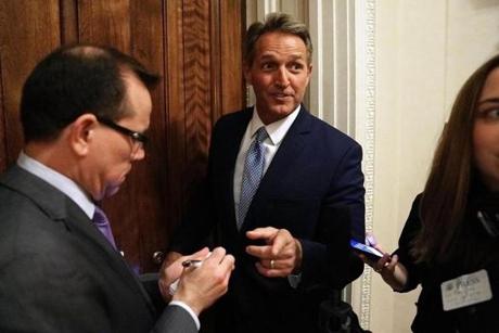 Senator Jeff Flake, Republican of Arizona, spoke with reporters Tuesday after his emotional floor speech.
