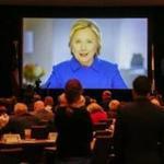 Hillary Clinton delivered a videotaped address during the Democratic National Committee Winter Meeting in Atlanta, GA in February.