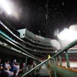 A view from the Red Sox dugout during a rain delay in June.