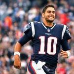 FOXBORO, MA - OCTOBER 29: Jimmy Garoppolo #10 of the New England Patriots reacts before a game against the Los Angeles Chargers at Gillette Stadium on October 29, 2017 in Foxboro, Massachusetts. (Photo by Jim Rogash/Getty Images)