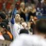 MIAMI, FL - OCTOBER 1: Giancarlo Stanton #27 of the Miami Marlins reacts to fans on the dugout steps after striking out in the ninth inning during play against the Atlanta Braves, ending his bid for 60 home runs for the season at Marlins Park on October 1, 2017 in Miami, Florida. (Photo by Joe Skipper/Getty Images)