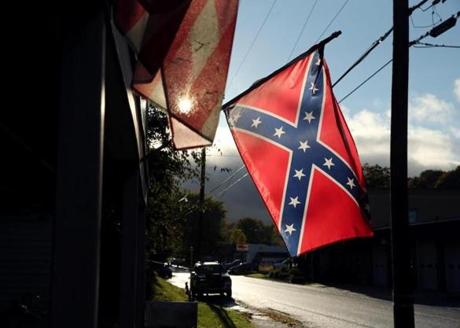 A Confederate flag hung outside a home in Yoe, a borough in York County, Pa.
