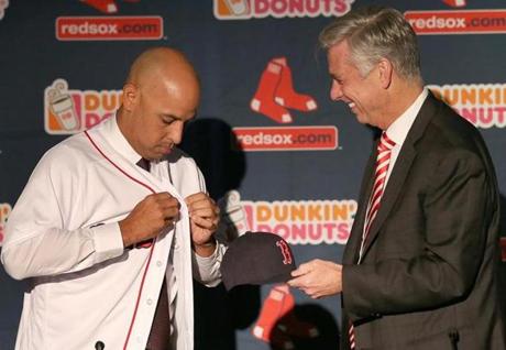 BOSTON, MA - 11/06/2017: New Red Sox manager Alex Cora with President of Baseball Operations Dave Dombrowski at Fenway Park (David L Ryan/Globe Staff ) SECTION: SPORTS TOPIC red sox
