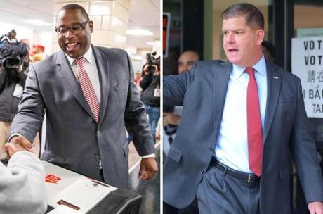 City Councilor Tito Jackson (left) and Mayor Martin J. Walsh before they cast their ballots on Tuesday. The two candidates are vying for a four-year term to run the city.
