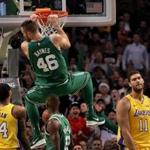 Boston, MA - 11/08/2017 - (4th quarter) Boston Celtics center Aron Baynes (46) flushes his own rebound home with a monster dunk late in the fourth quarter. The Boston Celtics host the Los Angeles Lakers at TD Garden. - (Barry Chin/Globe Staff), Section: Sports, Reporter: Adam Himmelsbach, Topic: 09Celtics-Lakers, LOID: 8.3.4269467444.