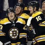 Boston Bruins' Torey Krug (47) shares a laugh with David Pastrnak and Anders Bjork (10) after his goal against the Minnesota Wild during the second period of an NHL hockey game in Boston Monday, Nov. 6, 2017. (AP Photo/Winslow Townson)
