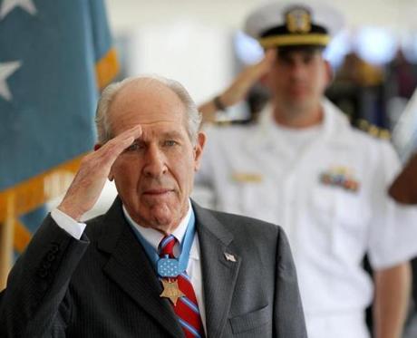 Thomas J. Hudner Jr. saluted in 2012 at a ceremony in Charlestown celebrating the naming of a ship after him.
