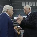 New England Patriots owner Robert Kraft, left, talks with Dallas Cowboys owner Jerry Jones, rightm before an NFL football game, Sunday, Oct. 11, 2015, in Arlington, Texas. (AP Photo/Tim Sharp)