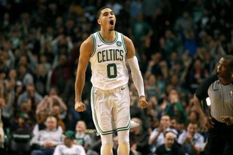Boston Ma 11/10/17 Boston Celtics Jayson Tatum reacting after making a basket to extend their lead against the Charlotte Hornets during fourth quarter action at the TD Garden. (Matthew J. Lee/Globe staff) topic reporter: 
