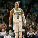 Boston Ma 11/10/17 Boston Celtics Jayson Tatum reacting after making a basket to extend their lead against the Charlotte Hornets during fourth quarter action at the TD Garden. (Matthew J. Lee/Globe staff) topic reporter: 